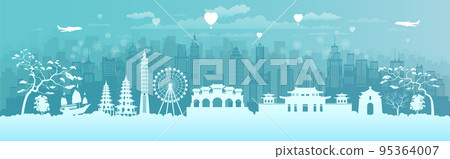 Travel landmarks Taiwan with silhouette architecture background, Taiwan day anniversary. 95364007