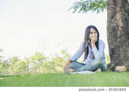 Stress asian women headache have migraine feeling temples stressfull upset depressed. Strong headache migraine exhausted young girl. Office syndrome unhealthy Tension person. Woman headache concept 95364809