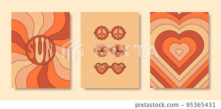 Groovy Hippie 70s Posters Set. Vector Psychedelic Background: Rainbow Heart, Sun Rays, Sunglasses in Trendy Retro Style Groovy Hippie 70s Posters Set. Vector Psychedelic Background: Rainbow Heart, Sun Rays, Sunglasses in Trendy Retro Style 95365431