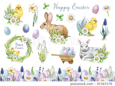 Easter flower festive traditional decor element set. Watercolor illustration. Hand bunny, chicks, eggs, lamb, spring garden flowers, seamless border elements. Easter decoration set Easter flower festive traditional decor element set. Watercolor illustration. Hand bunny, chicks, eggs, lamb, spring garden flowers, seamless border elements. Easter decoration set 95365576