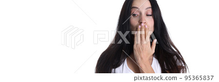 Portrait of young woman closes mouth on white background Portrait of young woman closes mouth on white background 95365837