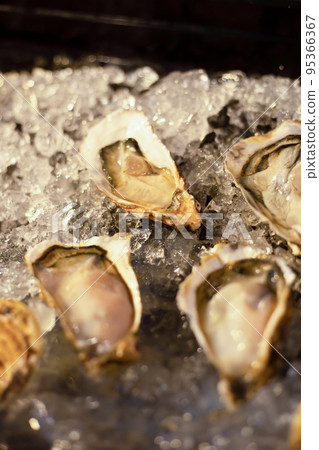 Fresh opened oyster offered as top view on crushed ice  95366367
