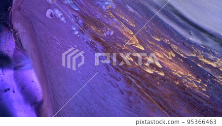 Purple gold paint. Flowing lilac color glitter paint texture. Fluid art painting abstract. Shine colorful vertical liquid flow. Luxury glamor golden background. Diagonal glow stripes pattern 95366463