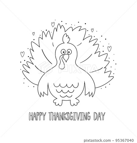 Turkey coloring page. Thanksgiving turkey coloring book. Black and white cartoon turkey. Cute vector Illustration. Easy farm bird animal contour. 95367040