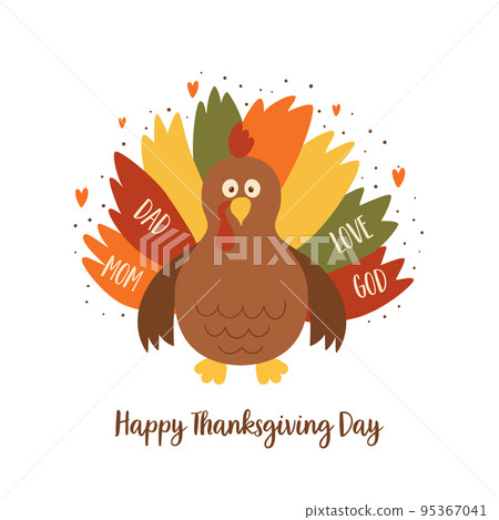 Cartoon Thanksgiving turkey vector illustration. Cute isolated graphic element for Happy Thanksgiving day decor. Hand drawn turkey character. Dad, mom, love god card. Greeting banner. Turkey for kids 95367041