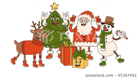 Merry Christmas and Happy New year. Santa Claus, Christmas tree, snowman, reindeer, gifts in trendy retro cartoon style. Sticker pack of comic characters. 95367492
