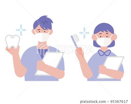 戴著口罩的男性和女性牙科保健員的插圖 戴著口罩的男性和女性牙科保健員的插圖 95367617