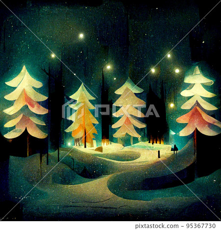 Splendid view of snow-capped spruces on a frosty evening. Fabulous nature digital generated illustration. 95367730