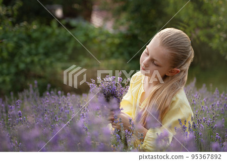 Beautiful little girl on lavender field. Beautiful little girl on lavender field. 95367892
