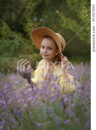 Beautiful little girl on lavender field. Beautiful little girl on lavender field. 95367893