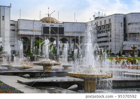 Fountains and architecture in Bishkek, the capital of Kyrgyzstan 95370592