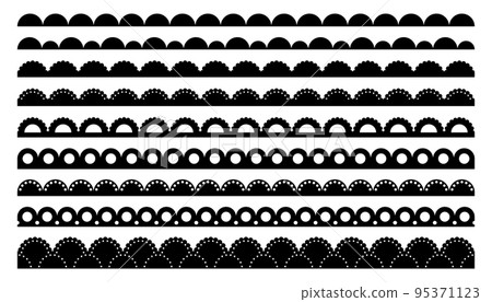 Scalloped edge seamless brush strokes set. Simple scalloped border. Fabric laces silhouette. Repeat cute vintage frill ornament. Texture ribbons. Vector illustration isolated on white background 95371123