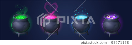 Cauldrons with witch magic potions 95371158