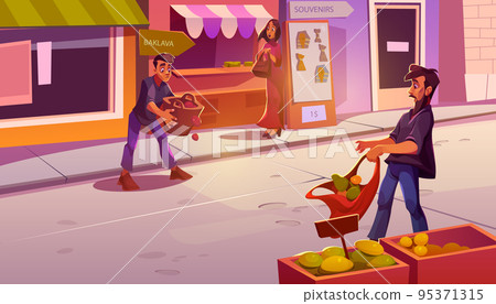Scene on arabic bazaar with man drops fruits 95371315