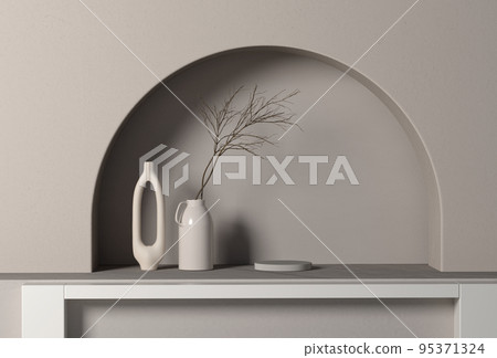 Arch shape interior beige in boho style. Minimal mockup backdrop. Empty interior room 3d illustration. Blank mockup. Boho elegant home decor. Luxury design style. 95371324