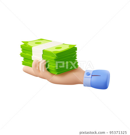 3d render hand holding money, dollar banknotes 95371325