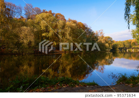 Pond surrounded by yellow trees in afternoon. Pond surrounded by yellow trees in afternoon. 95371634