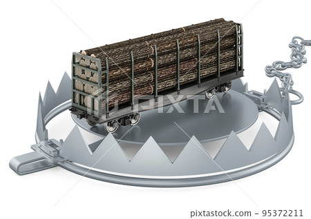 Bear trap with wooden logs in goods wagon, 3D rendering 95372211