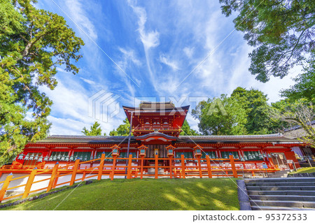 清晨的陽光透過樹木映入眼簾的美麗春日大社本社 95372533