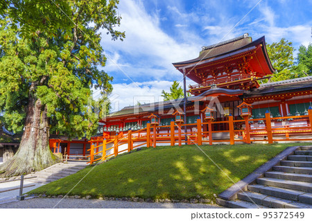 The main shrine of Kasuga Taisha where the morning sunlight filtering through the trees is beautiful 95372549
