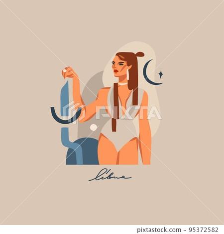 Hand drawn vector abstract graphic astrology illustration with modern,artistic contemporary print template of boho zodiac sign Libra.Zodiac adult female character design.Fashion magic symbol concept. Hand drawn vector abstract graphic astrology illustration with modern,artistic contemporary print template of boho zodiac sign Libra.Zodiac adult female character design.Fashion magic symbol concept. 95372582