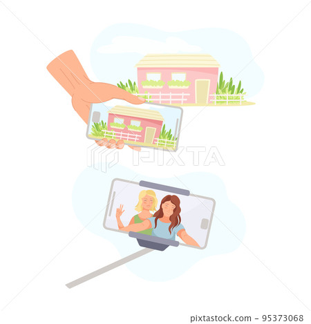 Smartphone with Hand and Selfie Stick Recording Video with Camera Filming Picture on Screen Vector Set Smartphone with Hand and Selfie Stick Recording Video with Camera Filming Picture on Screen Vector Set 95373068