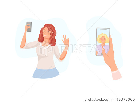 Young Woman with Smartphone Recording Video with Camera Filming Selfie Picture Vector Set 95373069
