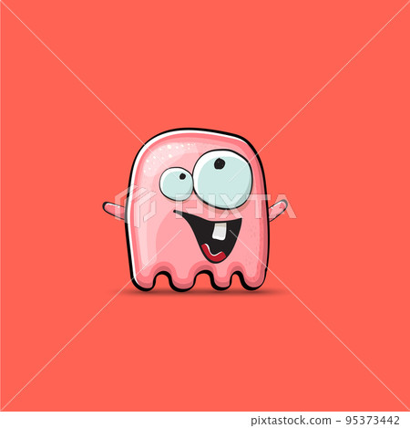 Funny cute smiling pink ghost monster isolated on pink background. Hand drawn cartoon pink ghost character with eyes and mouth , cute emoji. Funky Halloween spirit element. Funny cute smiling pink ghost monster isolated on pink background. Hand drawn cartoon pink ghost character with eyes and mouth , cute emoji. Funky Halloween spirit element. 95373442