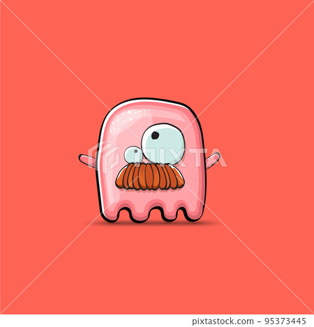 Funny cute smiling pink ghost monster isolated on pink background. Hand drawn cartoon pink ghost character with eyes and mouth , cute emoji. Funky Halloween spirit element. Funny cute smiling pink ghost monster isolated on pink background. Hand drawn cartoon pink ghost character with eyes and mouth , cute emoji. Funky Halloween spirit element. 95373445