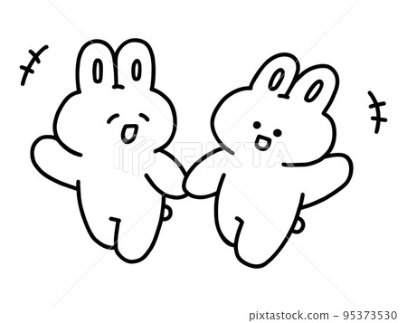 A friendly rabbit walking while holding hands / line drawing / monochrome 95373530