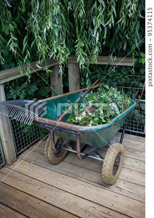 Green waste in a wheelbarrow and gardener tools Green waste in a wheelbarrow and gardener tools 95374115