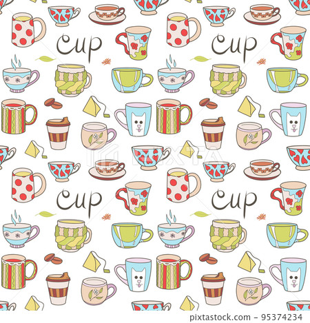 vector seamless pattern on the fun cups for tea and coffee 95374234