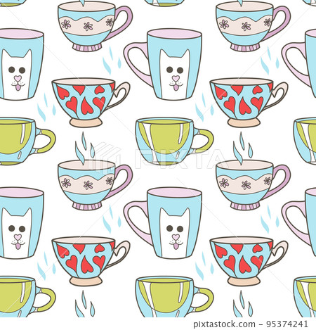 vector seamless pattern on the fun cups for tea and coffee 95374241