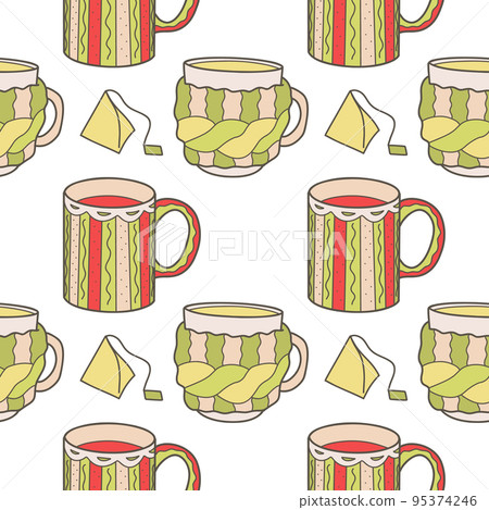 vector seamless pattern on the fun cups for tea and coffee 95374246