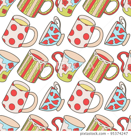 vector seamless pattern on the fun cups for tea and coffee 95374247