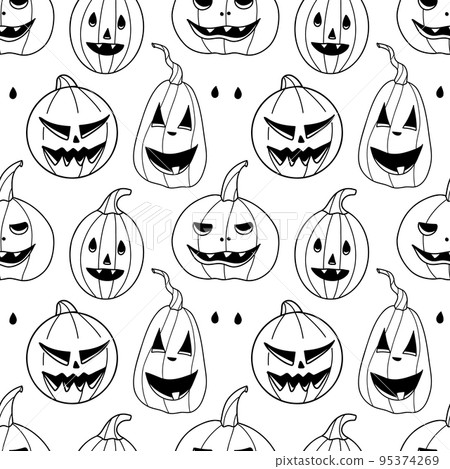 seamless pattern contour drawings, halloween pumkin illustration 95374269