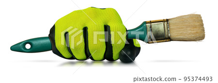 Hand with Work Gloves Holding a Paintbrush Isolated on White Background 95374493