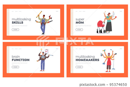 Multitasking Landing Page Template Set. People with Many Arms Doing Multiple Tasks. Mother with Baby, Housewife 95374650