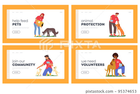 Volunteers Landing Page Template Set. Friendly Characters Feeding Dogs, Work in Animal Shelter or Pound, Volunteering Volunteers Landing Page Template Set. Friendly Characters Feeding Dogs, Work in Animal Shelter or Pound, Volunteering 95374653