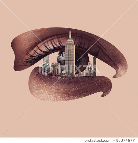 Huge female eye and city landscape. Modern design, contemporary art collage. Surrealism, minimalism. 95374677