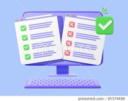 Checklist on desktop PC, 3d render illustration, blue background. Computer with checked tasks. Concept of online survey, exam note, business contract, research form, evaluation document, questionnaire Checklist on desktop PC, 3d render illustration, blue background. Computer with checked tasks. Concept of online survey, exam note, business contract, research form, evaluation document, questionnaire 95374696
