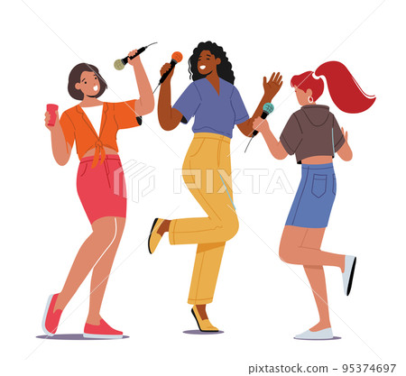 Excited Young Girls Company with Microphones Performing on Karaoke Party. Happy Cheerful Female Characters Singing 95374697