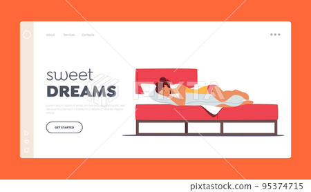 Sweet Night Dreams Landing Page Template. Young Woman Wear Pajama Sleep or Nap on Belly, Female Character Sleeping Pose Sweet Night Dreams Landing Page Template. Young Woman Wear Pajama Sleep or Nap on Belly, Female Character Sleeping Pose 95374715