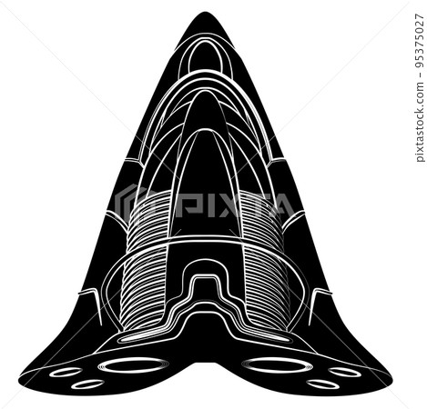 Black silhouette of futuristic spaceship isolated on white. Aggressive form similar fighter aircraft. Design element. Black silhouette of futuristic spaceship isolated on white. Aggressive form similar fighter aircraft. Design element. 95375027