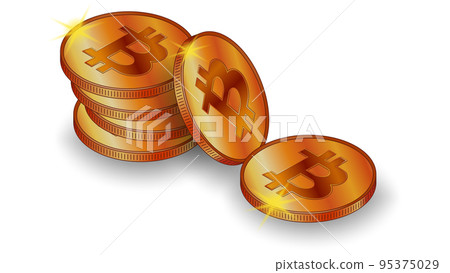 Set of gold coins in stack Bitcoin BTC with shadow in isometric view isolated on white background. Design element. 95375029