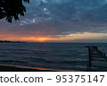 Wooden boat dock at sunset. Lake Victoria,Tanzania. 95375147