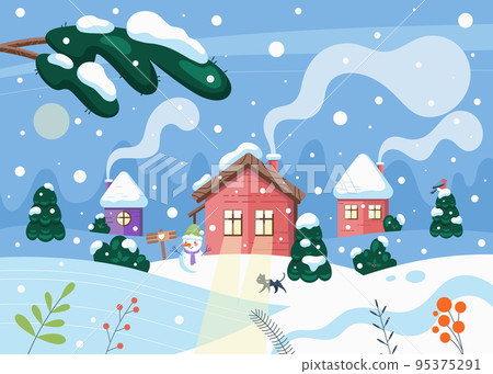 Winter cute landscape with christmas cozy - Stock Illustration  [95375291] - PIXTA