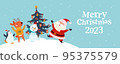 Merry Christmas concept with Santa Claus, winter animals and text congratulation.  95375579