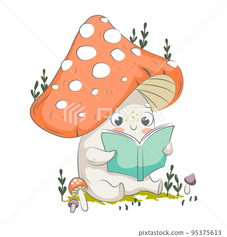Cute funny amanita mushroom. Vector isolated hand drawn cartoon kawaii character. Illustration for posters, T-shirt print, postcard, card, baby textile. Vector illustration Cute funny amanita mushroom. Vector isolated hand drawn cartoon kawaii character. Illustration for posters, T-shirt print, postcard, card, baby textile. Vector illustration 95375613