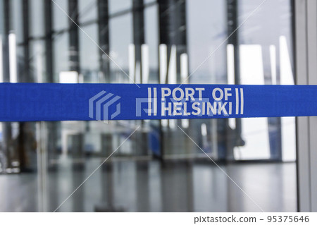Blue barrier belt in the Port of Helsinki. Helsinki, Finland, 12.06.2022. Blue barrier belt in the Port of Helsinki. Helsinki, Finland, 12.06.2022. 95375646